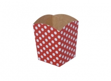 Caja caramelera en cartulina con diseño lunares. Usos: pororera, cumpleaños, regalería, golosinas, otros.