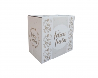 Cajas Felices Fiestas Dorado con diseño en microcorrugado acoplado a cartulina